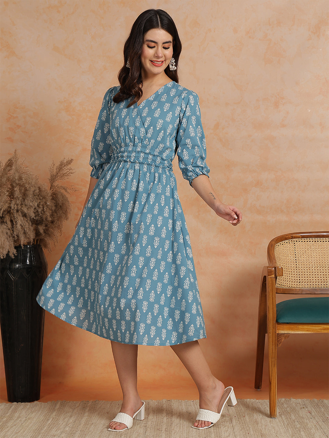 Antaran Blue Pure Cotton Printed Flared Dress - Distacart