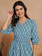 Antaran Blue Pure Cotton Printed Flared Dress - Distacart