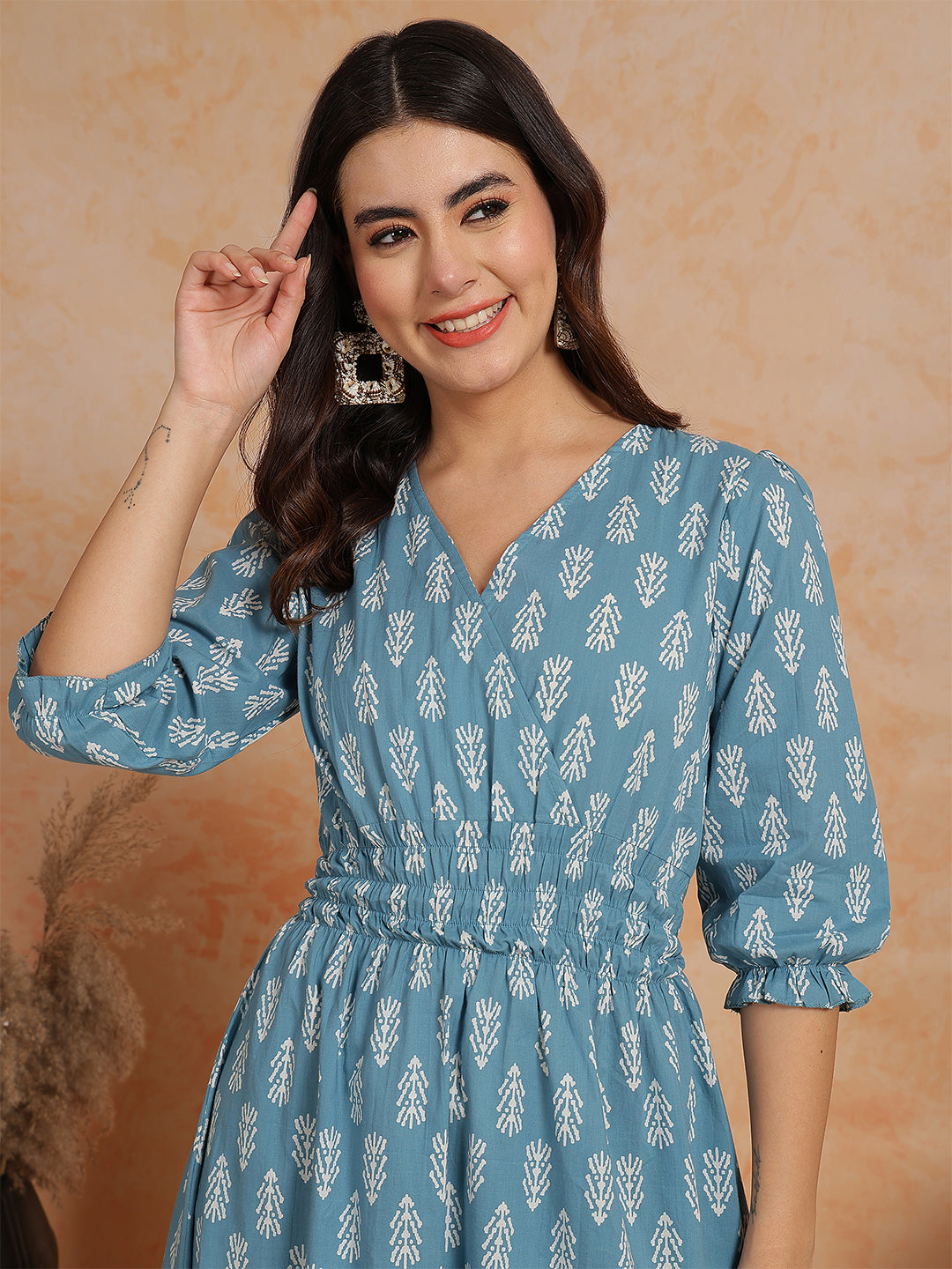 Antaran Blue Pure Cotton Printed Flared Dress - Distacart