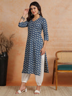 Antaran Blue Pure Cotton Printed Kurta With V Neck - Distacart