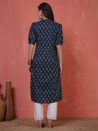 Antaran Blue Pure Cotton Front Buttoned Indigo Printed Kurta - Distacart