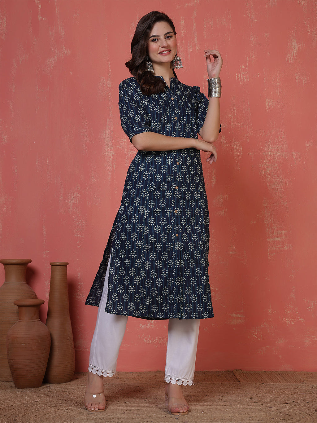 Antaran Blue Pure Cotton Front Buttoned Indigo Printed Kurta - Distacart