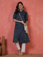 Antaran Blue Pure Cotton Front Buttoned Indigo Printed Kurta - Distacart