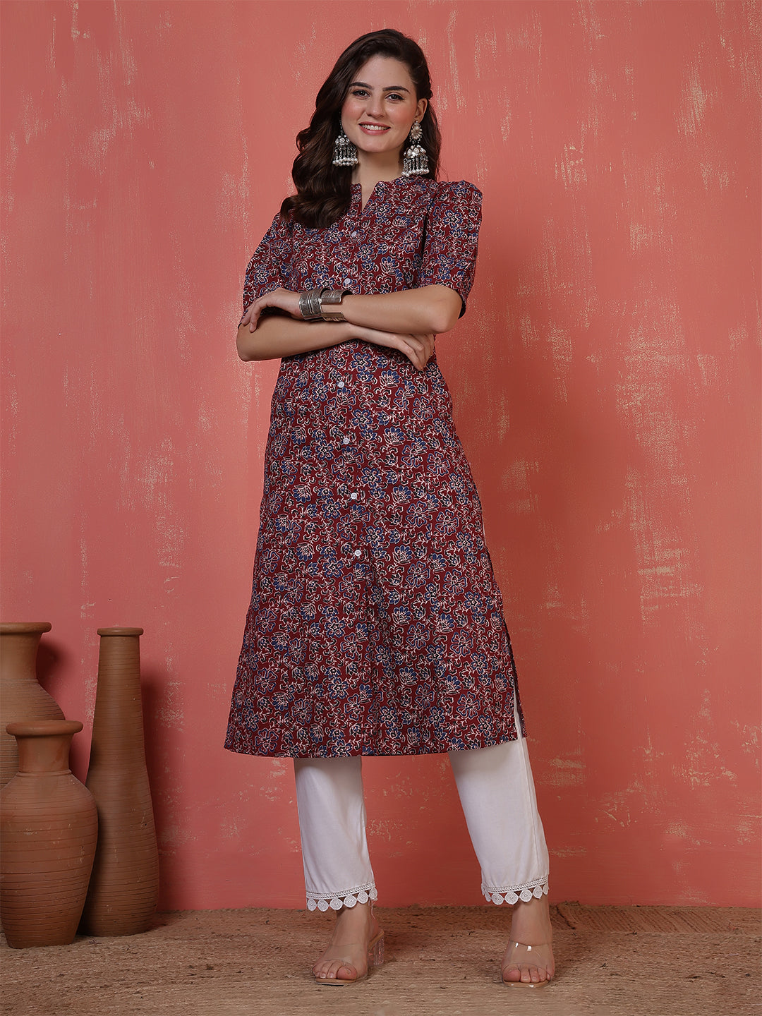 Antaran Maroon Pure Cotton Front Buttoned Printed Kurta - Distacart