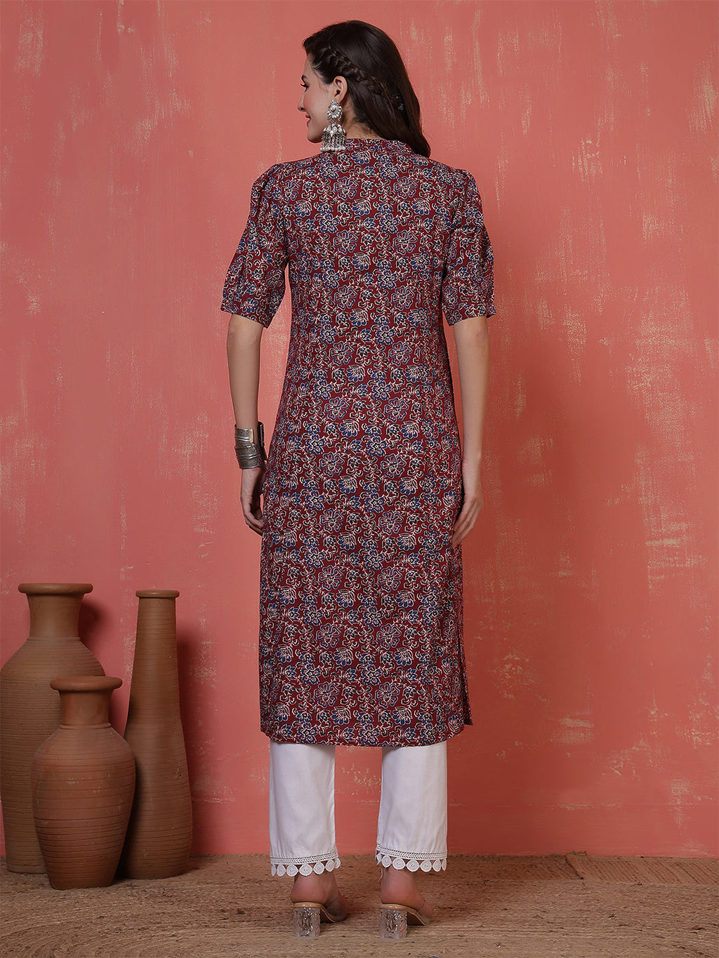 Antaran Maroon Pure Cotton Front Buttoned Printed Kurta - Distacart