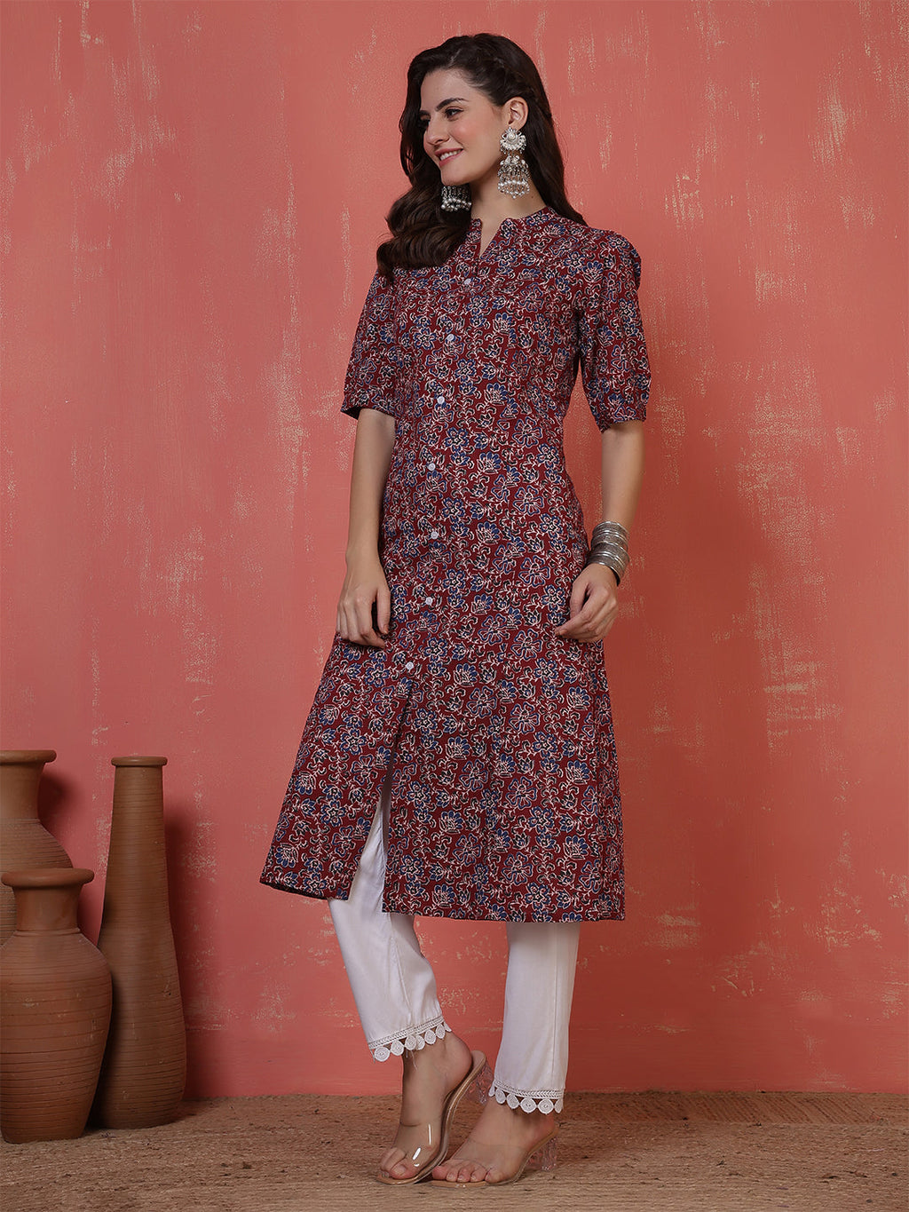 Antaran Maroon Pure Cotton Front Buttoned Printed Kurta - Distacart