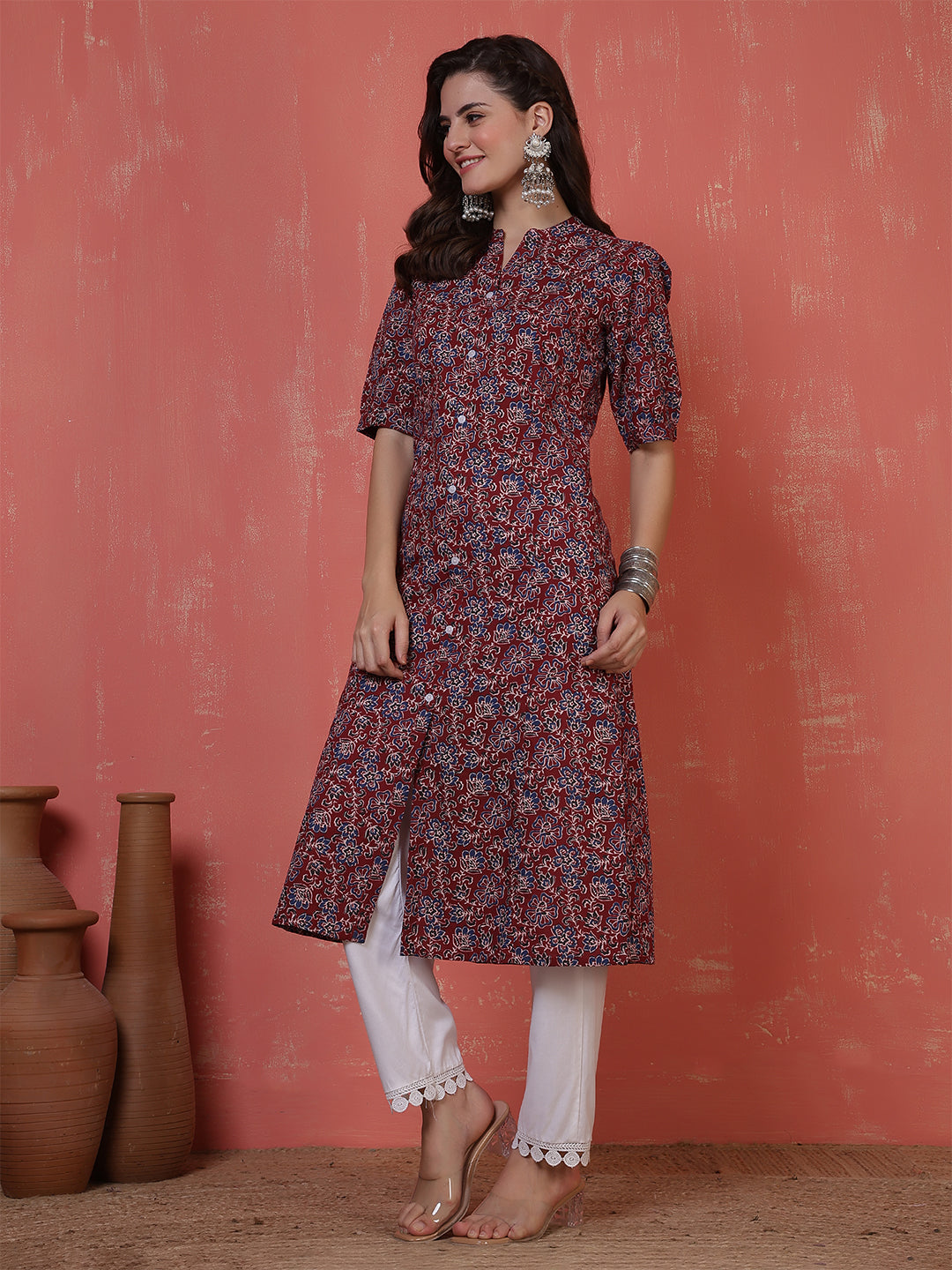 Antaran Maroon Pure Cotton Front Buttoned Printed Kurta - Distacart