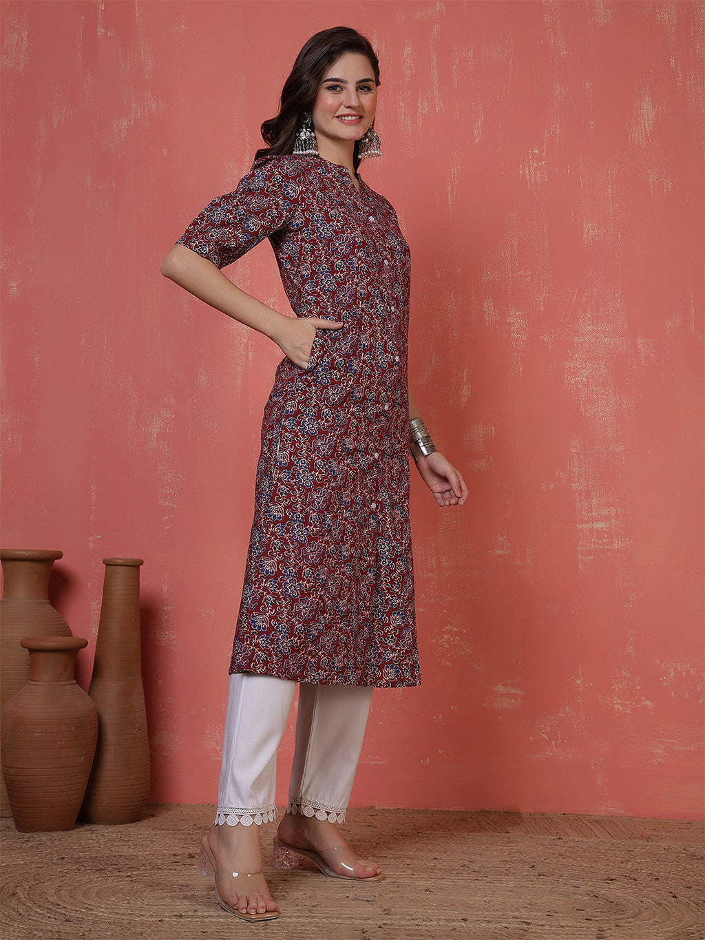 Antaran Maroon Pure Cotton Front Buttoned Printed Kurta - Distacart