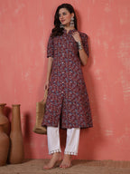 Antaran Maroon Pure Cotton Front Buttoned Printed Kurta - Distacart