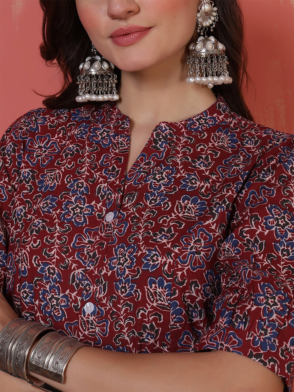 Antaran Maroon Pure Cotton Front Buttoned Printed Kurta - Distacart