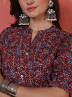Antaran Maroon Pure Cotton Front Buttoned Printed Kurta - Distacart