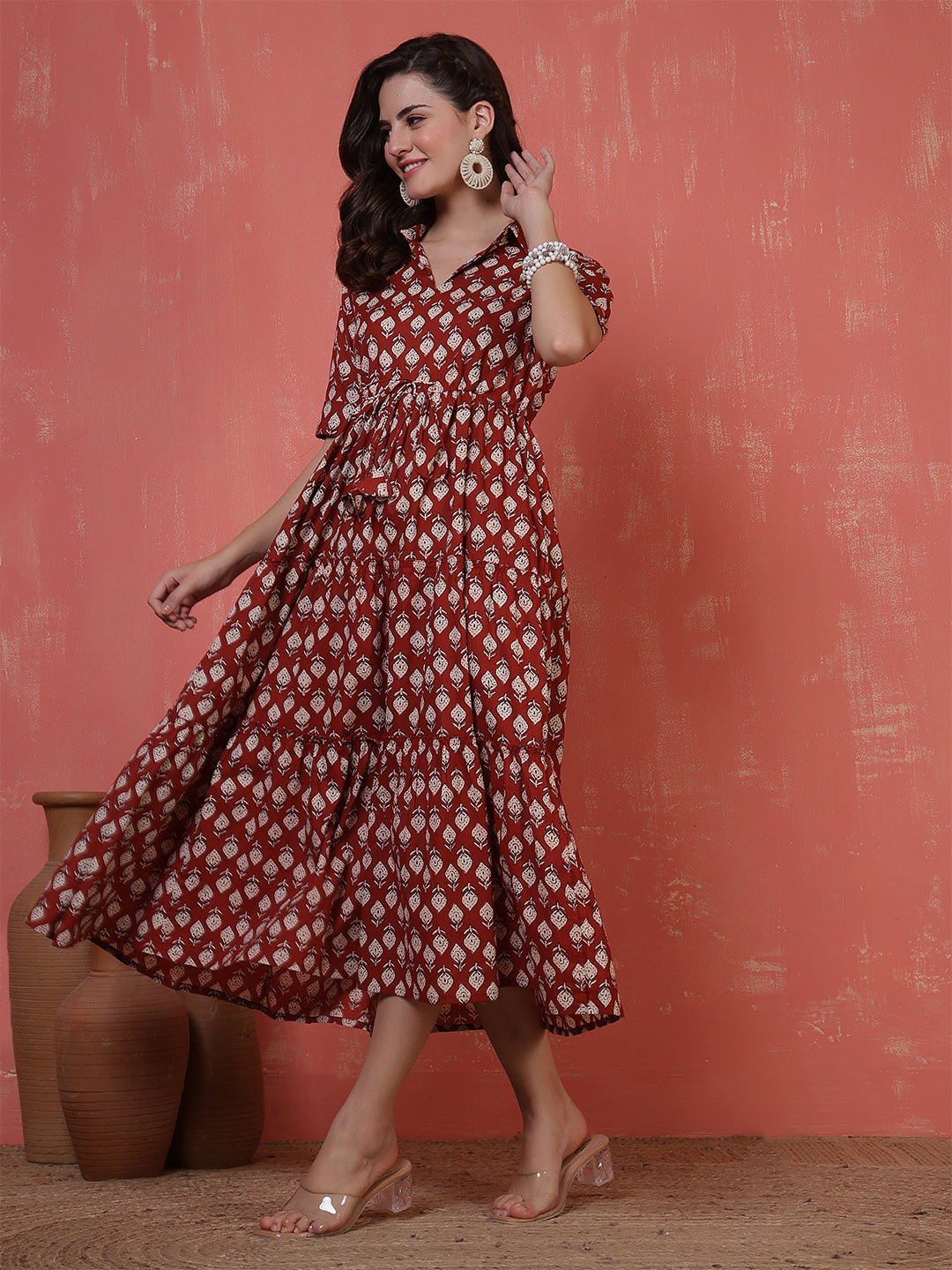 Antaran Maroon Pure Cotton Tiered Printed Dress - Distacart