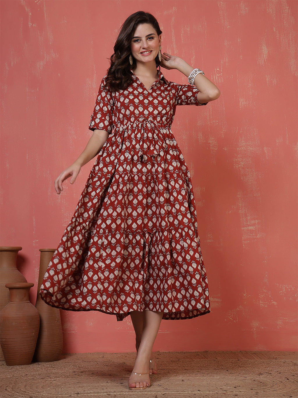 Antaran Maroon Pure Cotton Tiered Printed Dress - Distacart