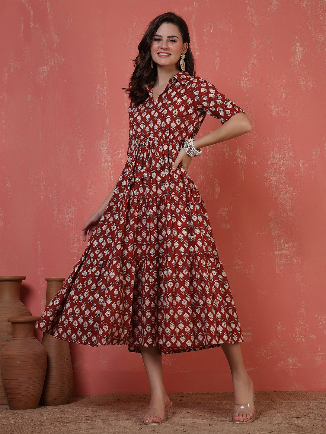 Antaran Maroon Pure Cotton Tiered Printed Dress - Distacart