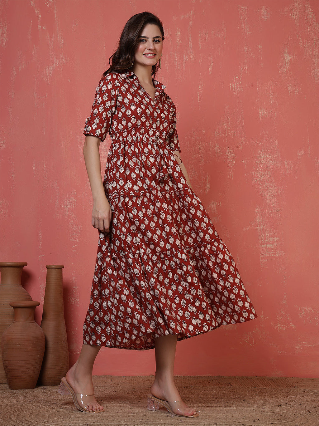 Antaran Maroon Pure Cotton Tiered Printed Dress - Distacart