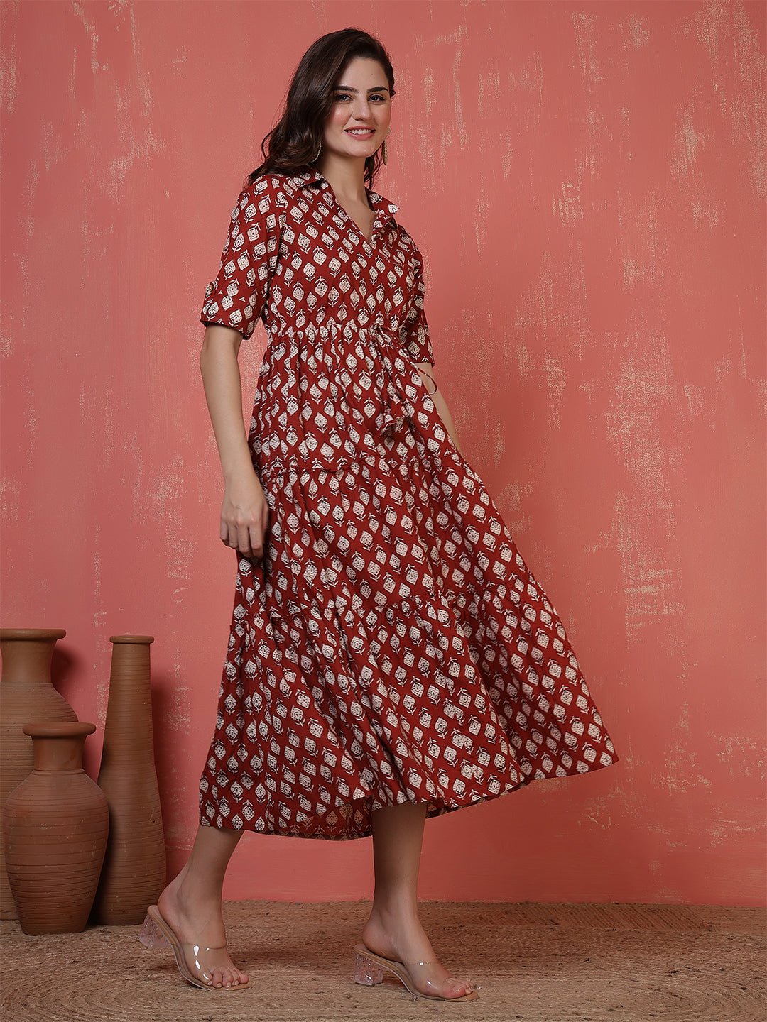 Antaran Maroon Pure Cotton Tiered Printed Dress - Distacart