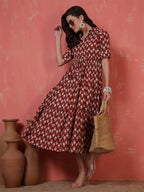 Antaran Maroon Pure Cotton Tiered Printed Dress - Distacart