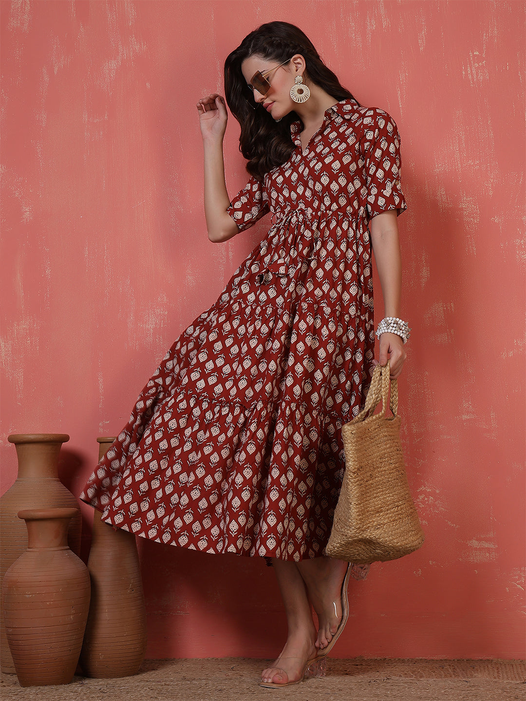 Antaran Maroon Pure Cotton Tiered Printed Dress - Distacart
