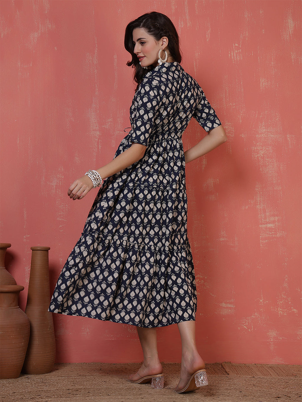 Antaran Blue Pure Cotton Tiered Printed Dress - Distacart