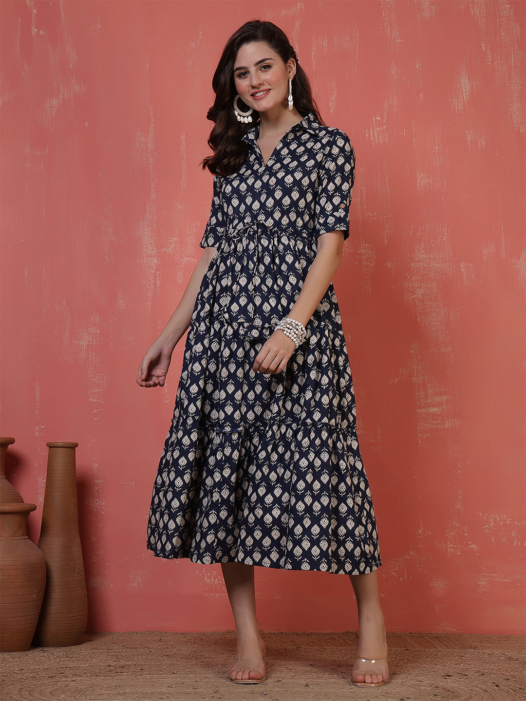 Antaran Blue Pure Cotton Tiered Printed Dress - Distacart