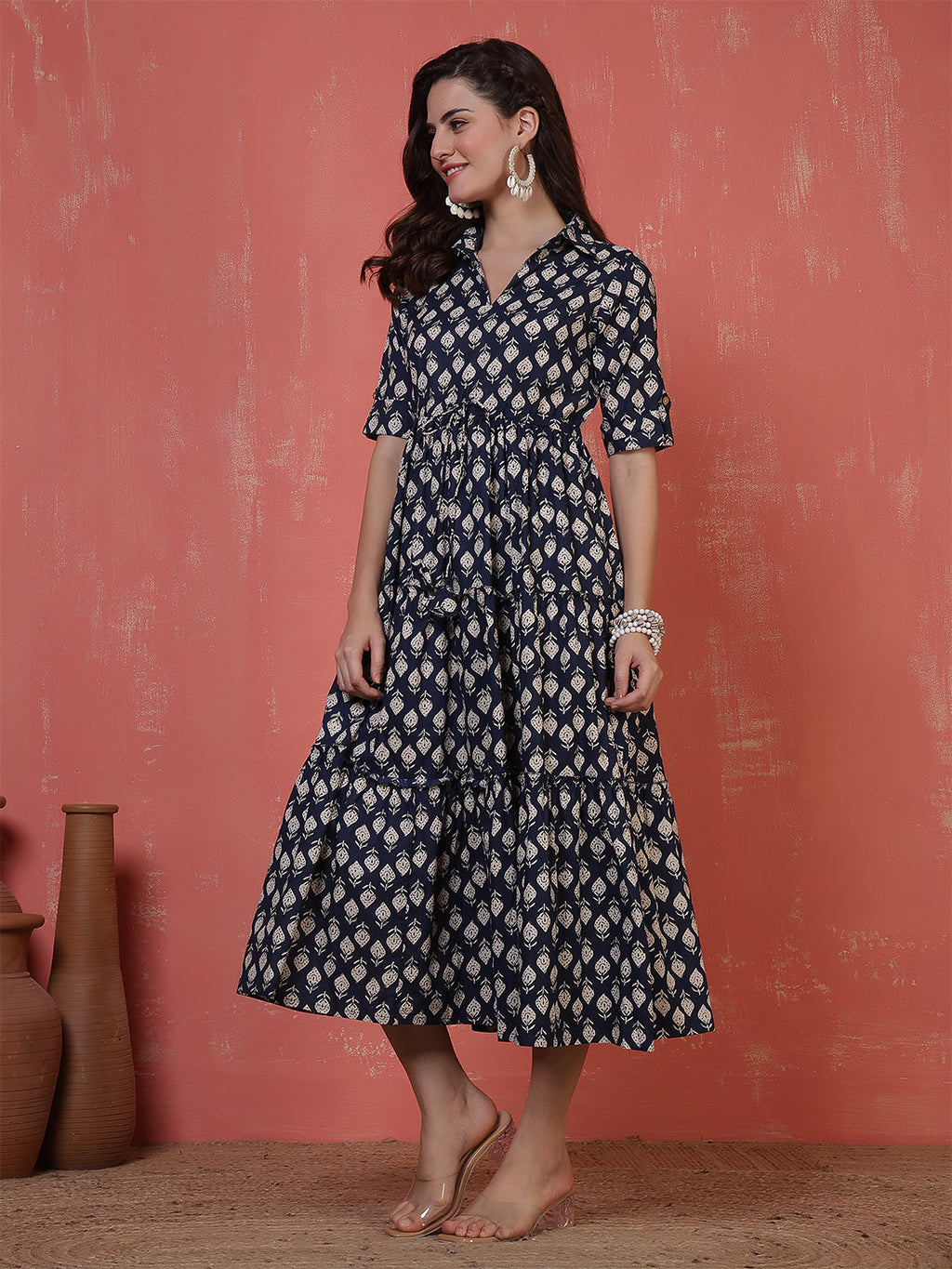 Antaran Blue Pure Cotton Tiered Printed Dress - Distacart