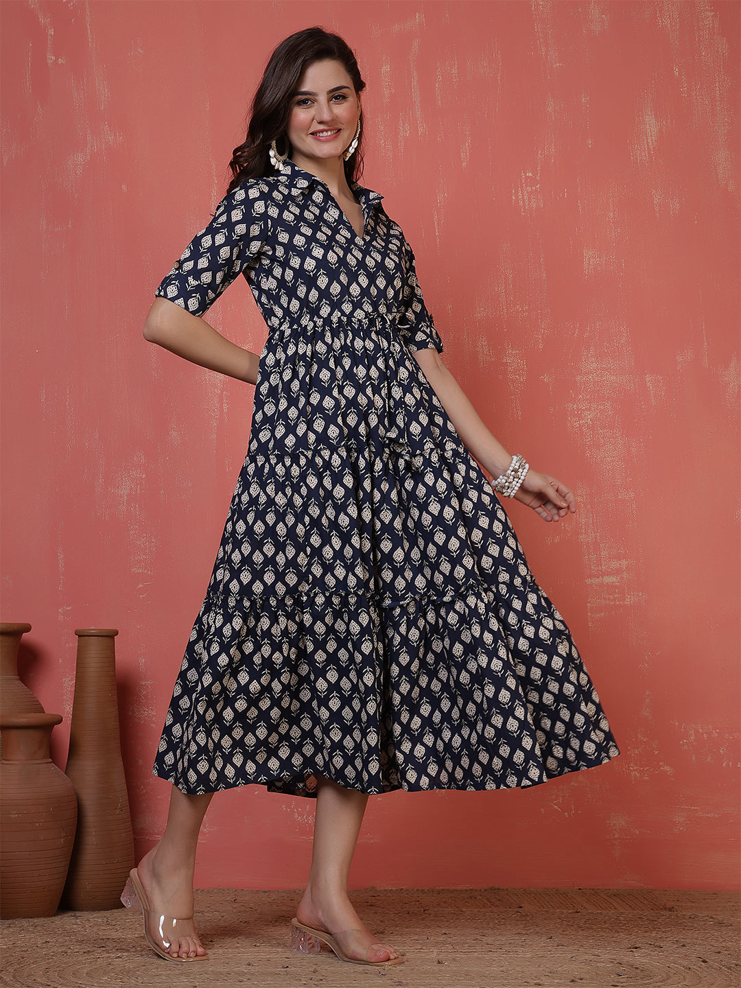 Antaran Blue Pure Cotton Tiered Printed Dress - Distacart