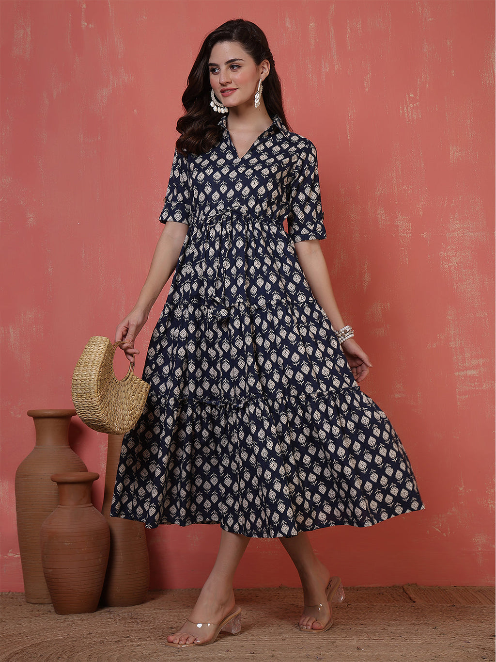 Antaran Blue Pure Cotton Tiered Printed Dress - Distacart