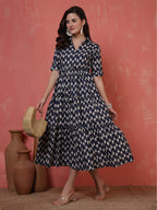 Antaran Blue Pure Cotton Tiered Printed Dress - Distacart