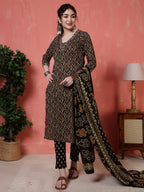 Antaran Black Pure Cotton Embroidered Kurta Pant Dupatta - Distacart