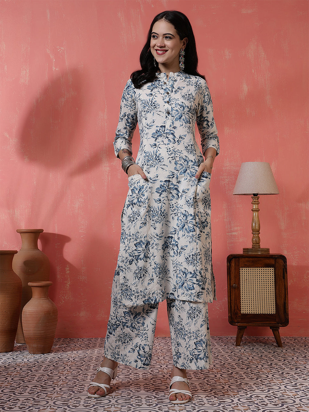 Antaran Off White Pure Cotton Printed Kurta Pant Set - Distacart