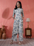 Antaran Off White Pure Cotton Printed Kurta Pant Set - Distacart