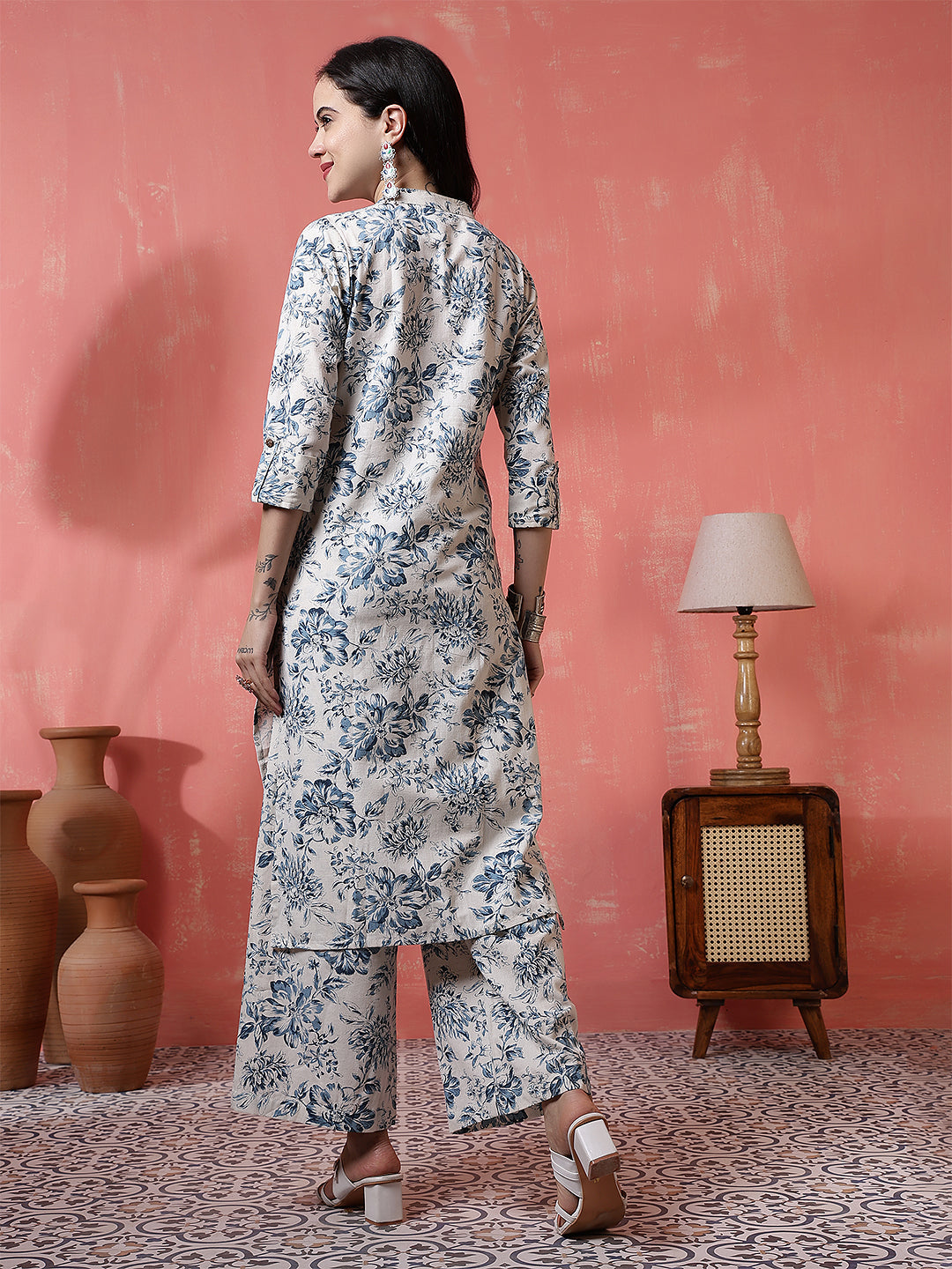 Antaran Off White Pure Cotton Printed Kurta Pant Set - Distacart