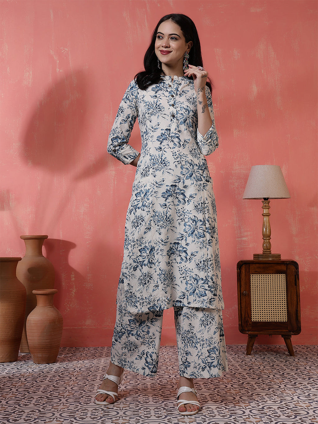 Antaran Off White Pure Cotton Printed Kurta Pant Set - Distacart