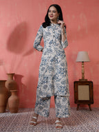 Antaran Off White Pure Cotton Printed Kurta Pant Set - Distacart