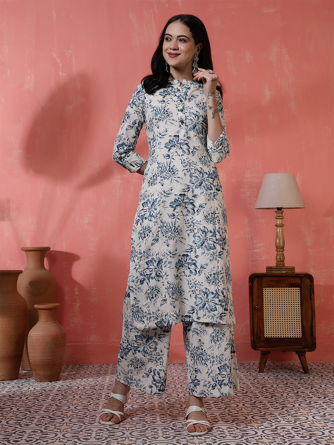 Antaran Off White Pure Cotton Printed Kurta Pant Set - Distacart