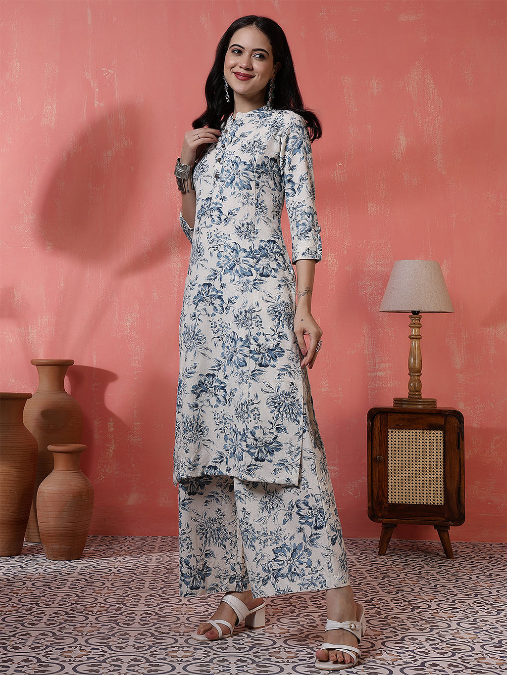 Antaran Off White Pure Cotton Printed Kurta Pant Set - Distacart