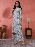 Antaran Off White Pure Cotton Printed Kurta Pant Set - Distacart