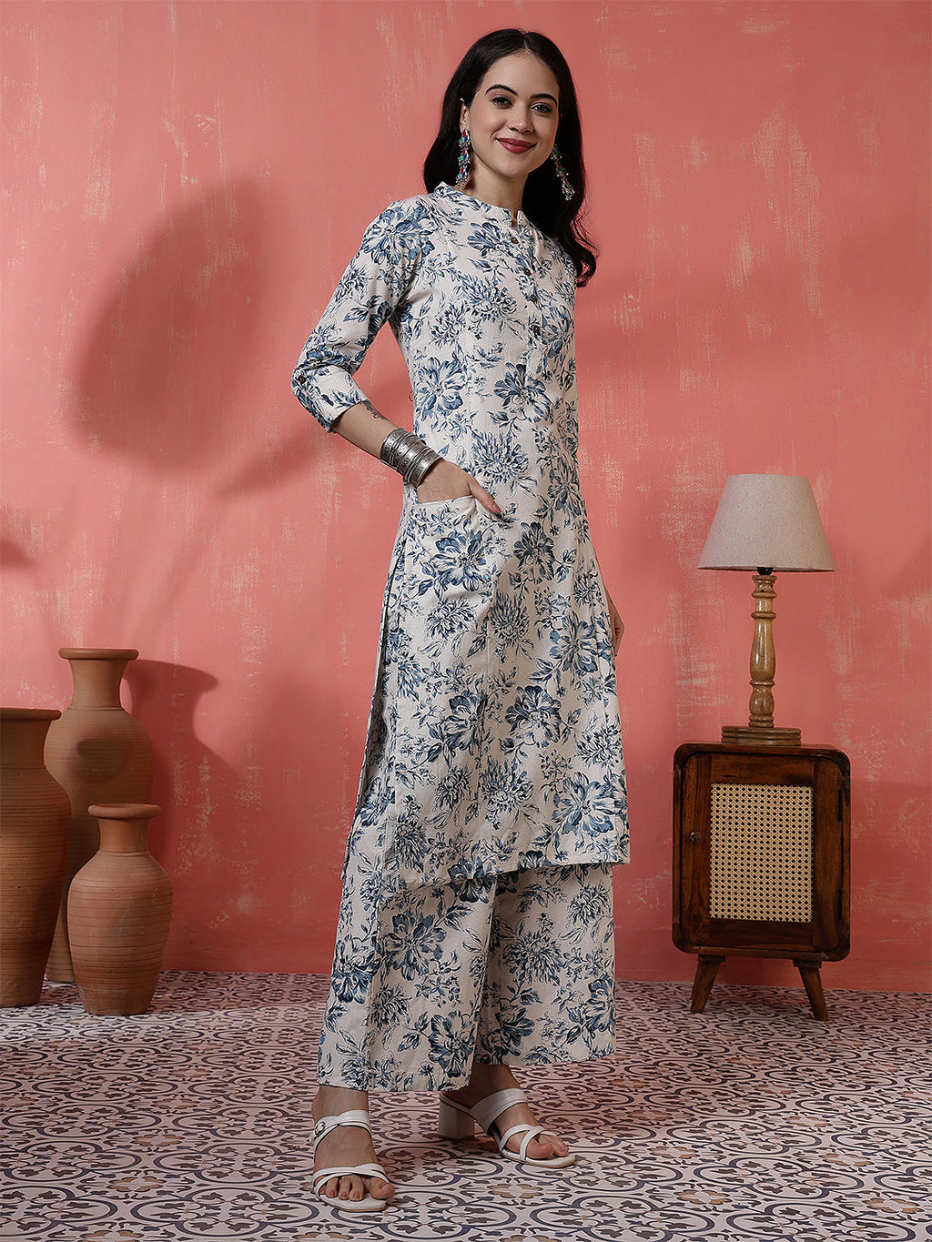 Antaran Off White Pure Cotton Printed Kurta Pant Set - Distacart