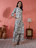 Antaran Off White Pure Cotton Printed Kurta Pant Set - Distacart