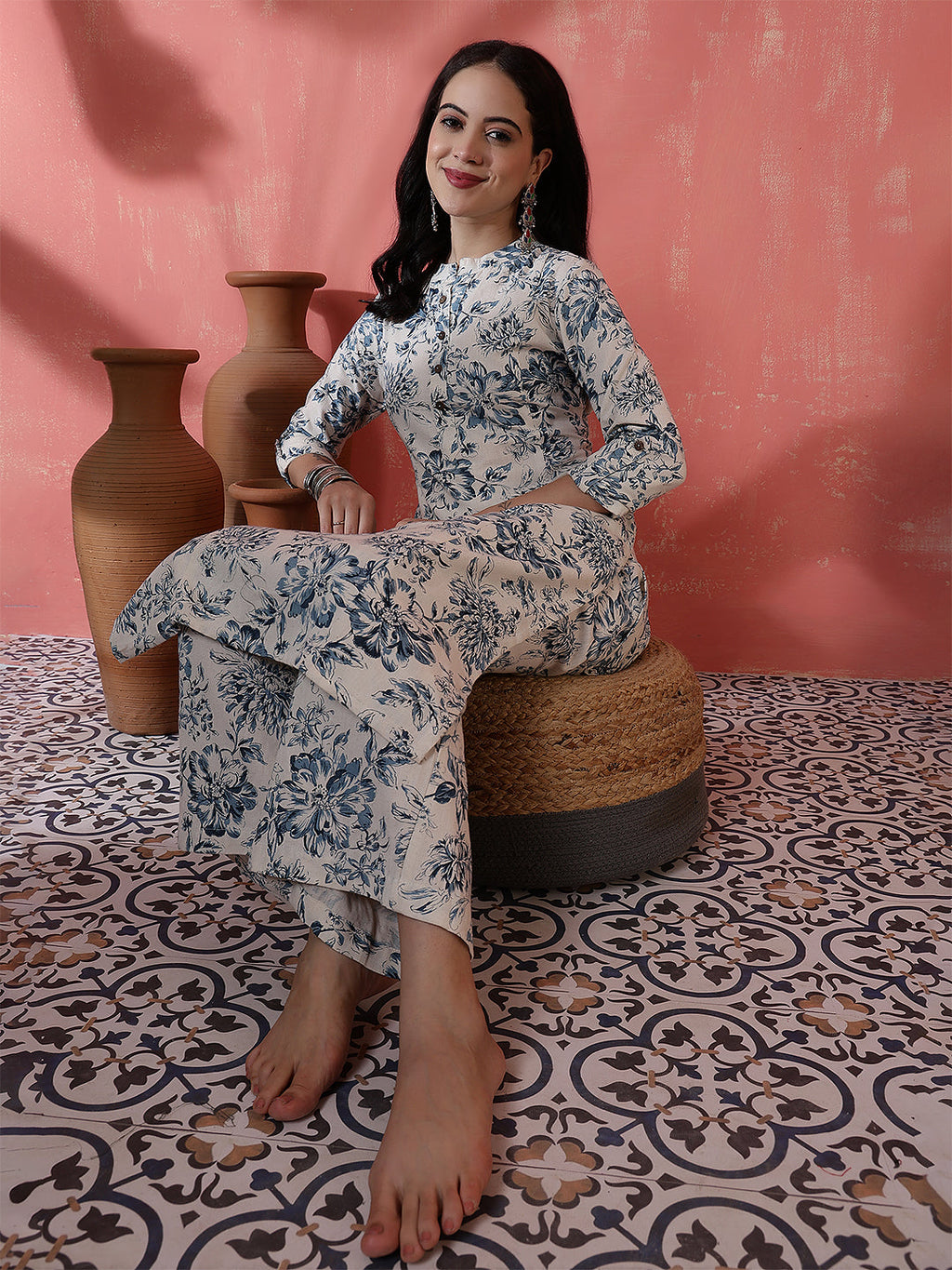 Antaran Off White Pure Cotton Printed Kurta Pant Set - Distacart