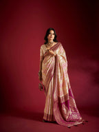 Joban Fashion Cream & Light Pink Plain With Weaving Border Banarasi Silk Sarees