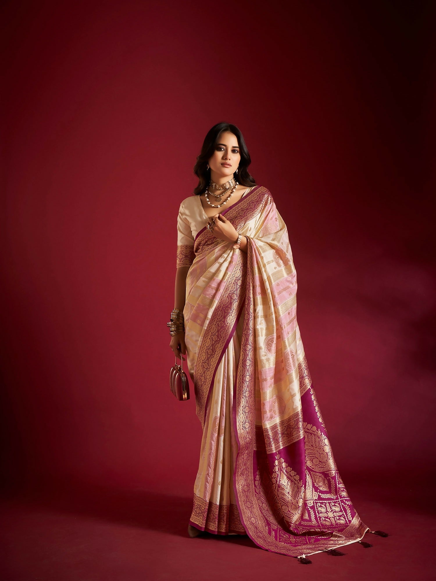 Joban Fashion Cream & Light Pink Plain With Weaving Border Banarasi Silk Sarees