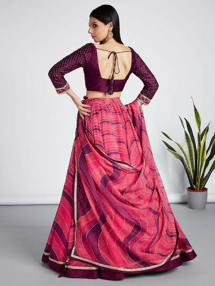 House of Panchhi Rose Organza Siroski Stone Work Leheriya Print Lehenga Choli & Dupatta