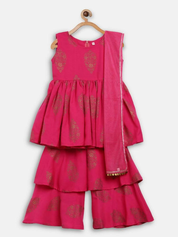 Ahalyaa Pink Rayon Printed Kids Kurta Sharara Set For Girls