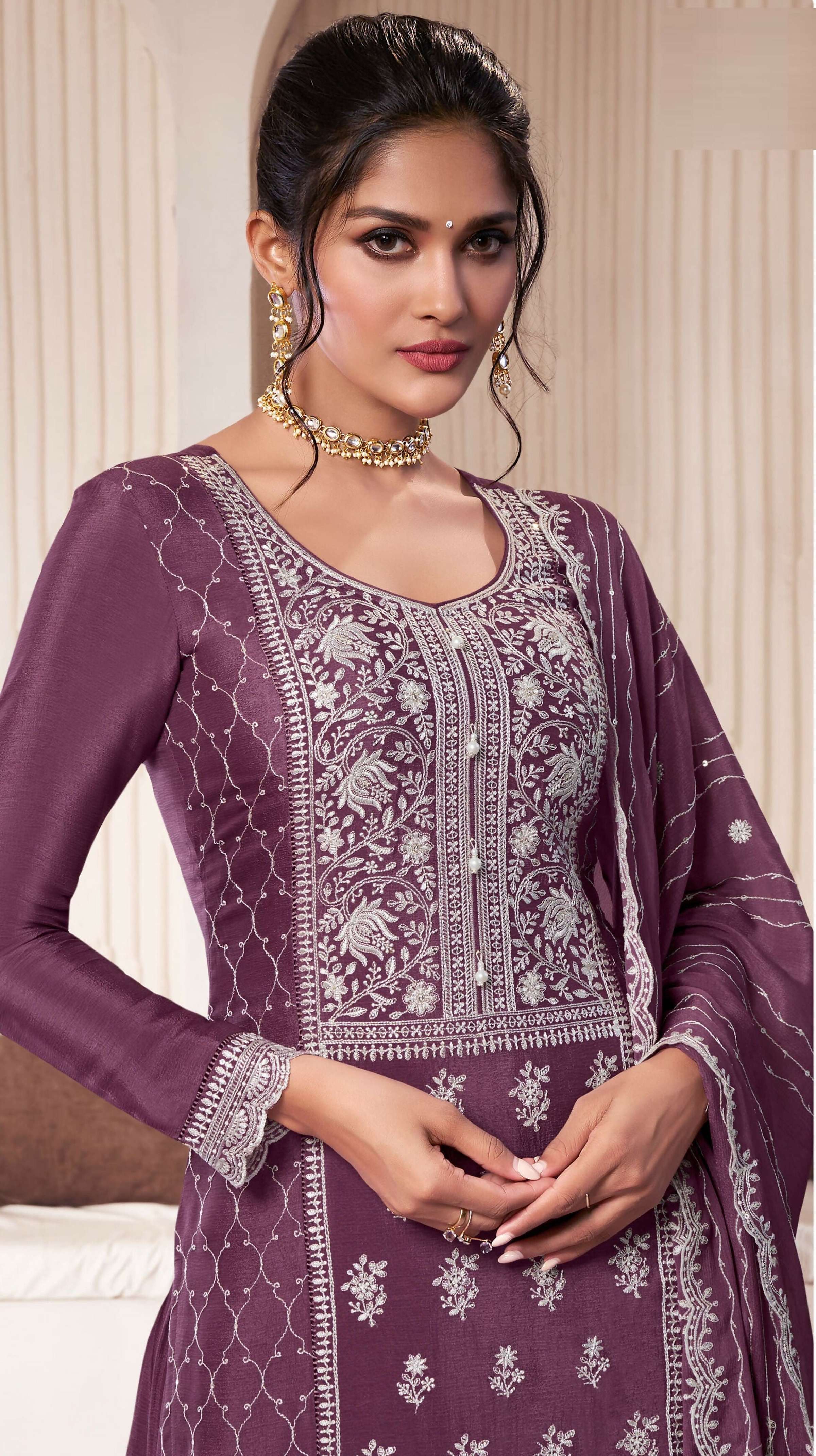 Anaita Wine Embroidered Work Silk Stitched Sharara Suit - Distacart