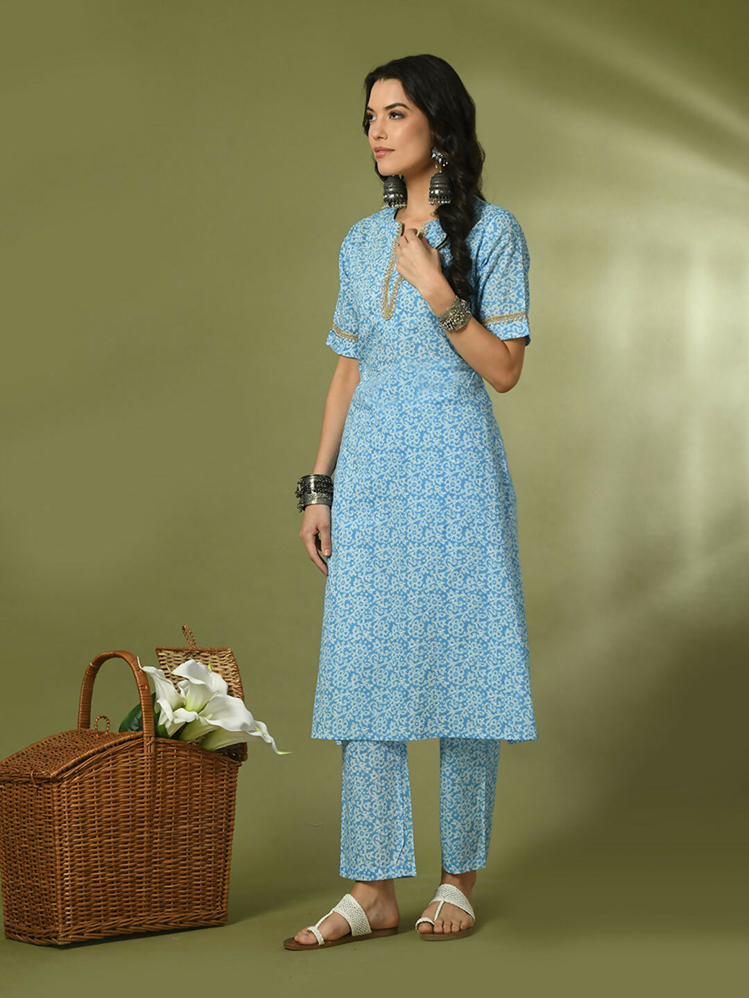Myshka Women's Blue Printed Cotton Straight Party Kurta Set