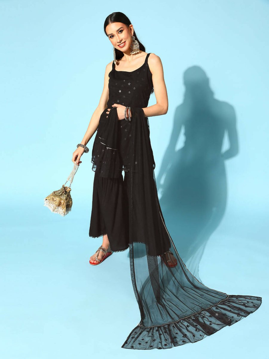 Ahalyaa Women Black Colour Crepe Foil Printed Kurta Sharara Set With Dupatta - Distacart
