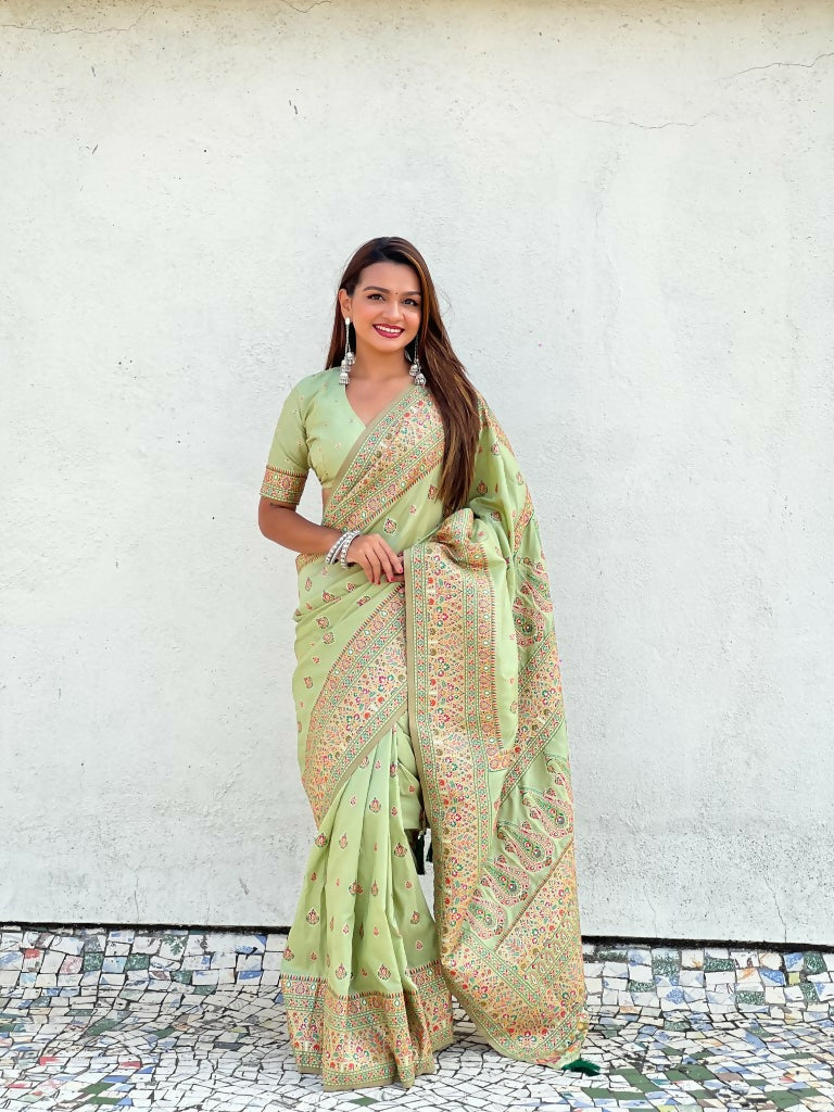 Pista Pashmina Silk Wevon Kashmiri Meenakari Designer Saree with Unstitched Blouse - Vandini