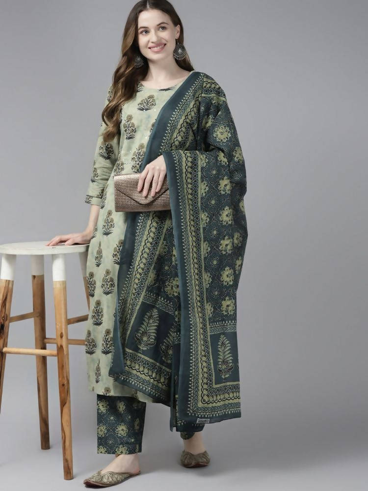 Yufta Women Beige Ethnic Motifs Aari Work Pure Cotton Kurta with Palazzo and Dupatta