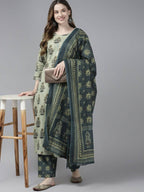 Yufta Women Beige Ethnic Motifs Aari Work Pure Cotton Kurta with Palazzo and Dupatta